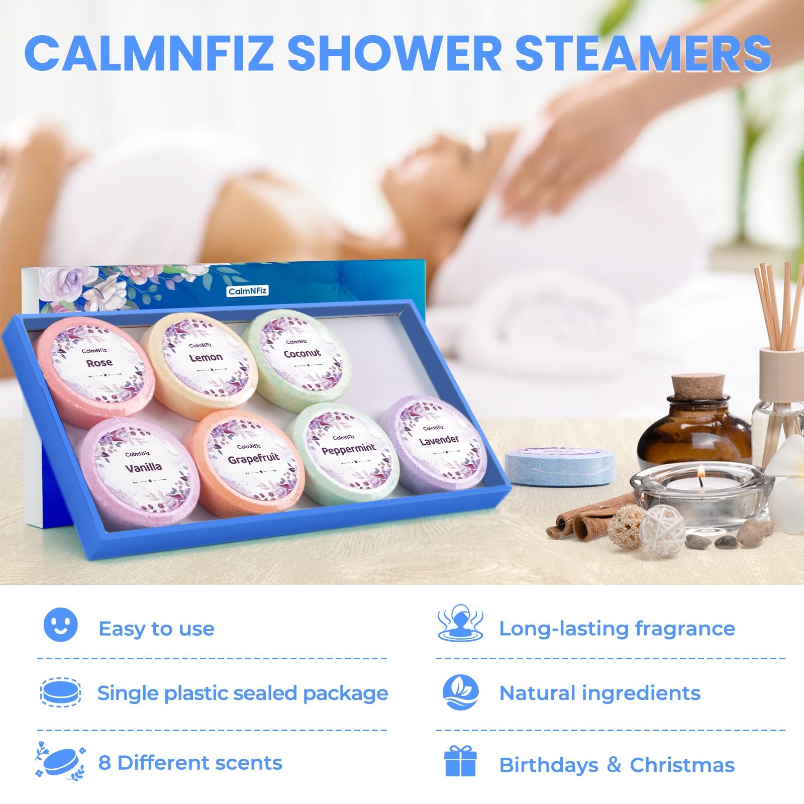 CalmNFiz 8-Pack Shower Steamers – Shea Butter Shower Bombs in Gift Box