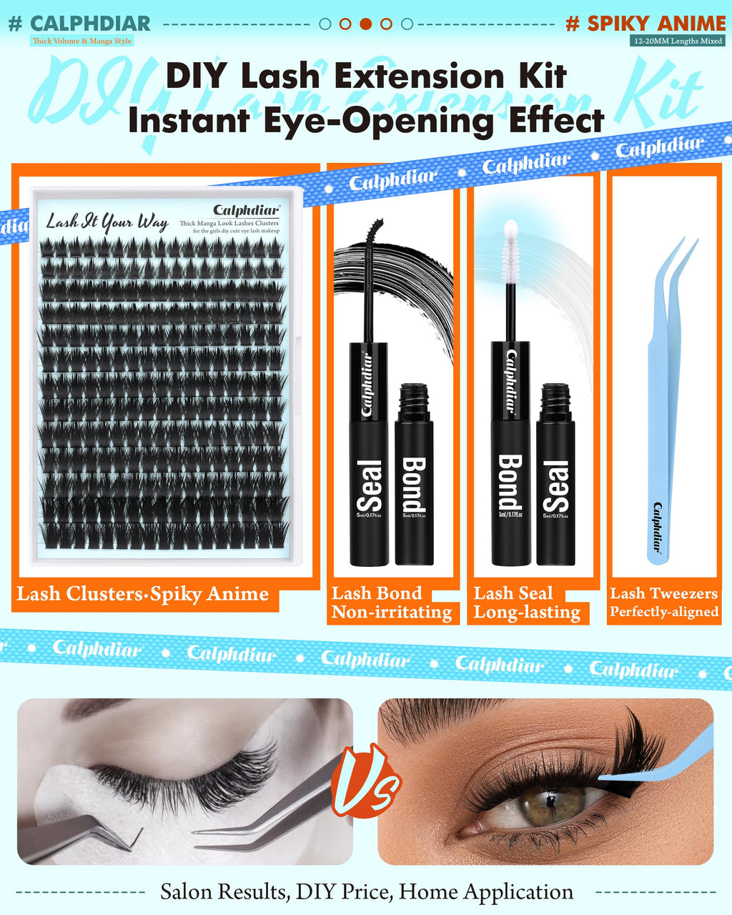 Calphdiar Lash Extension Kit 200D Manga Lash Clusters – DIY 12–20mm Spiky Wispy Lashes