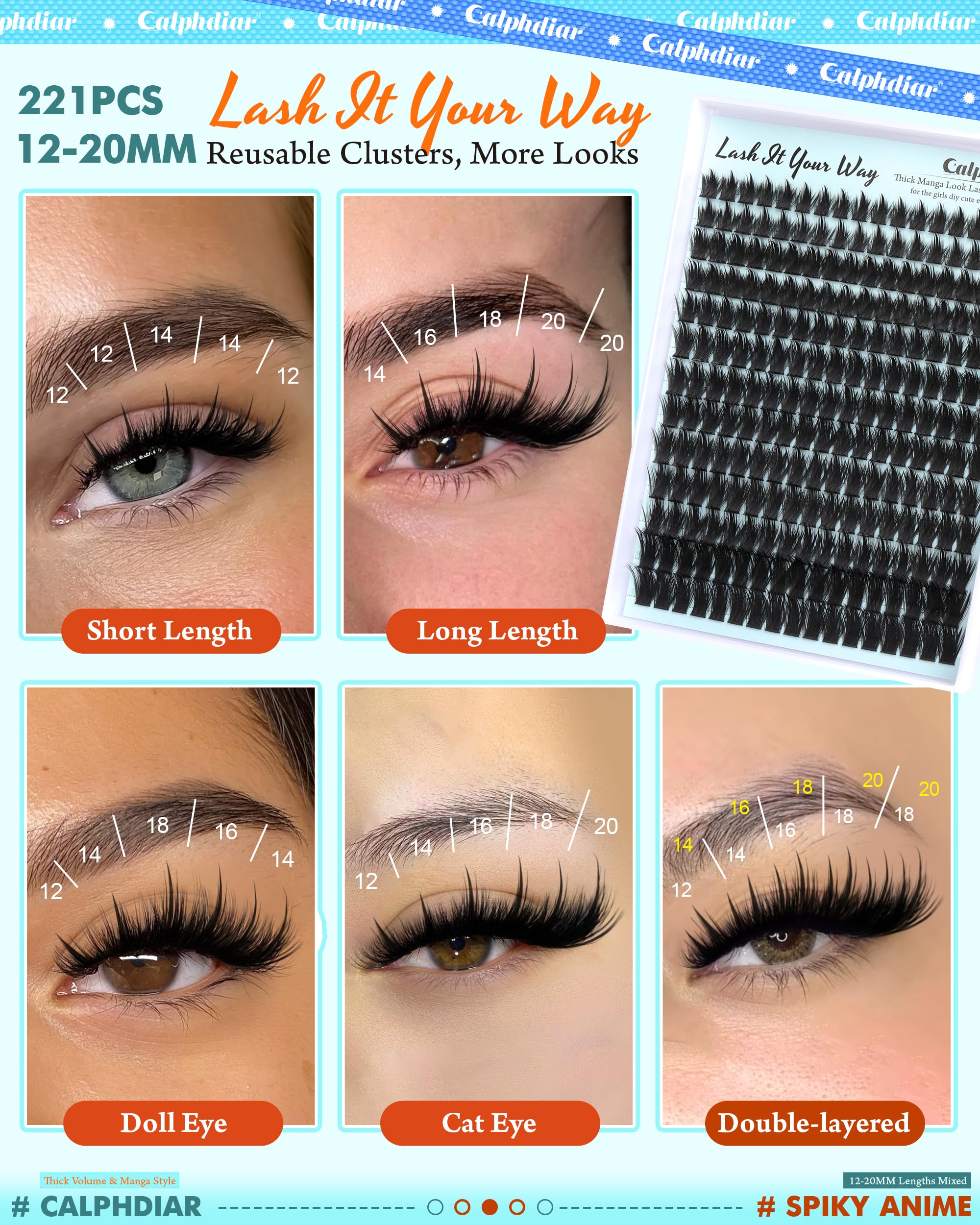 Calphdiar Lash Extension Kit 200D Manga Lash Clusters – DIY 12–20mm Spiky Wispy Lashes