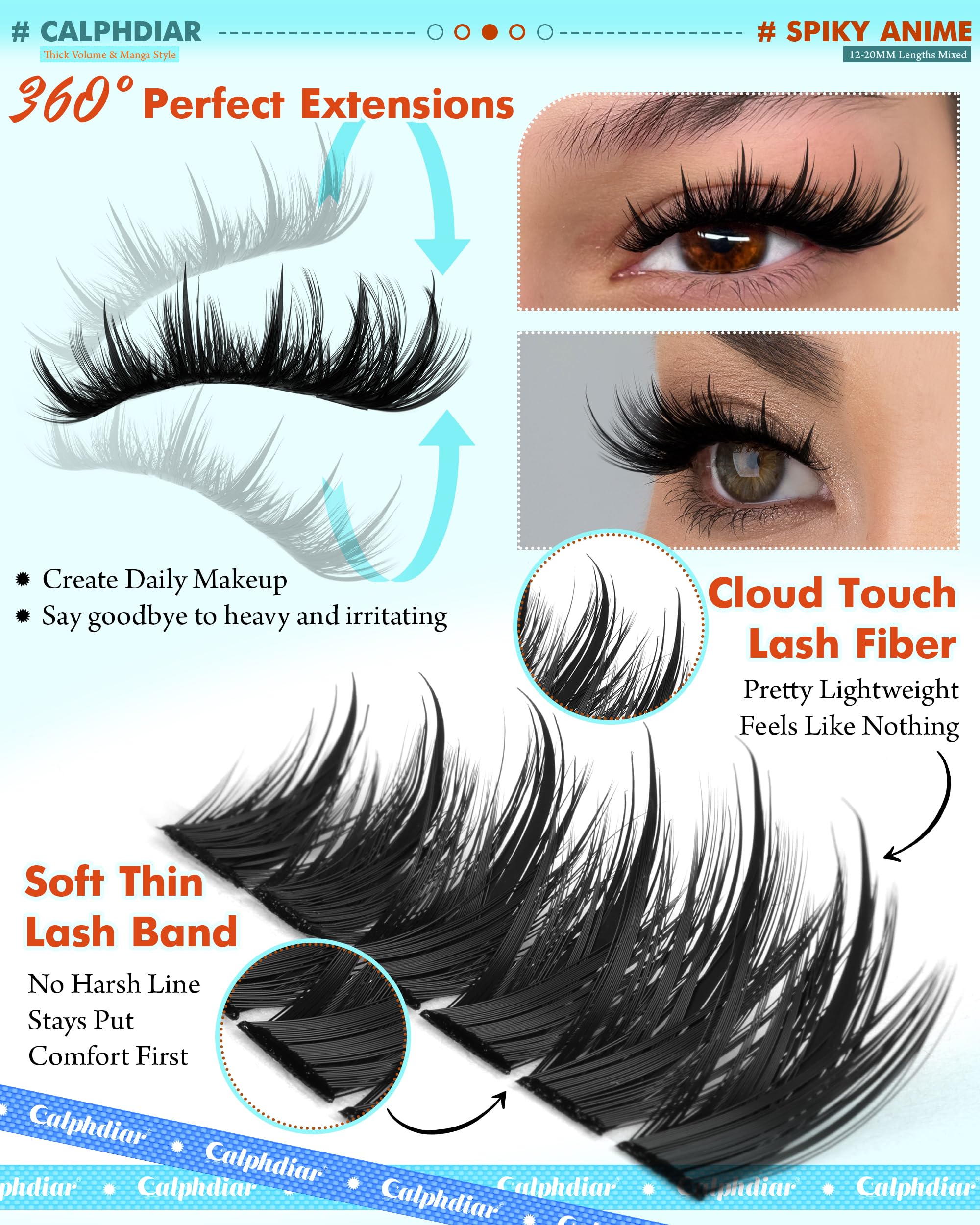 Calphdiar Lash Extension Kit 200D Manga Lash Clusters – DIY 12–20mm Spiky Wispy Lashes