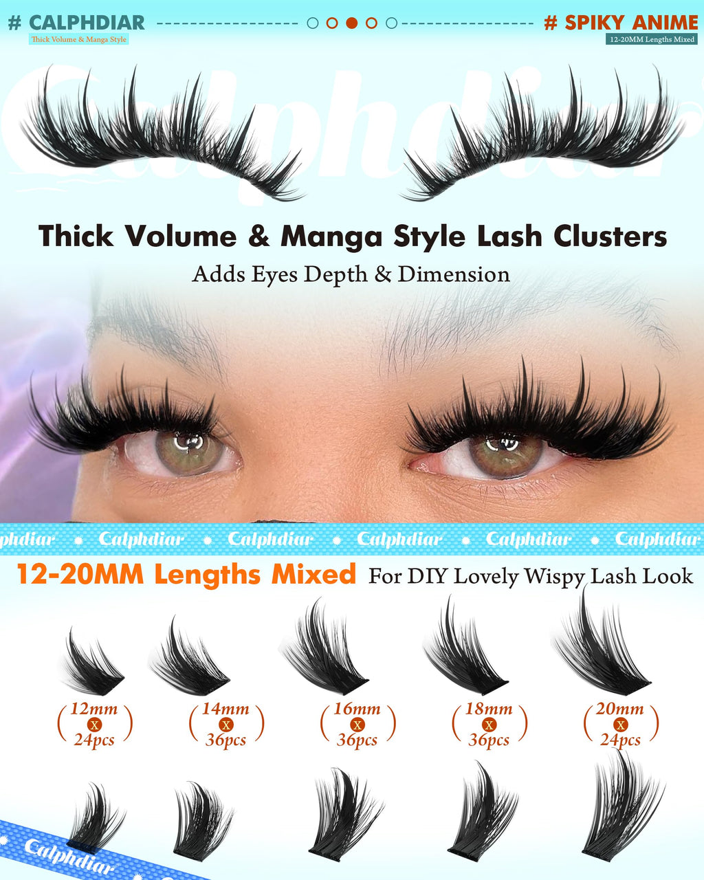 Calphdiar Lash Extension Kit 200D Manga Lash Clusters – DIY 12–20mm Spiky Wispy Lashes