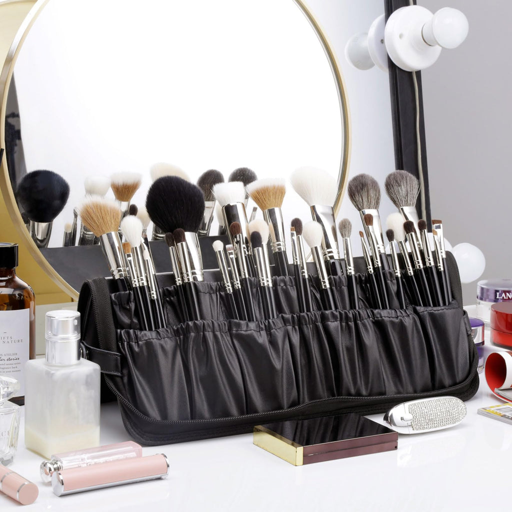Camdeez Rownyeon Professional Makeup Brushes Organizer Bag – Leather Travel Case, Black