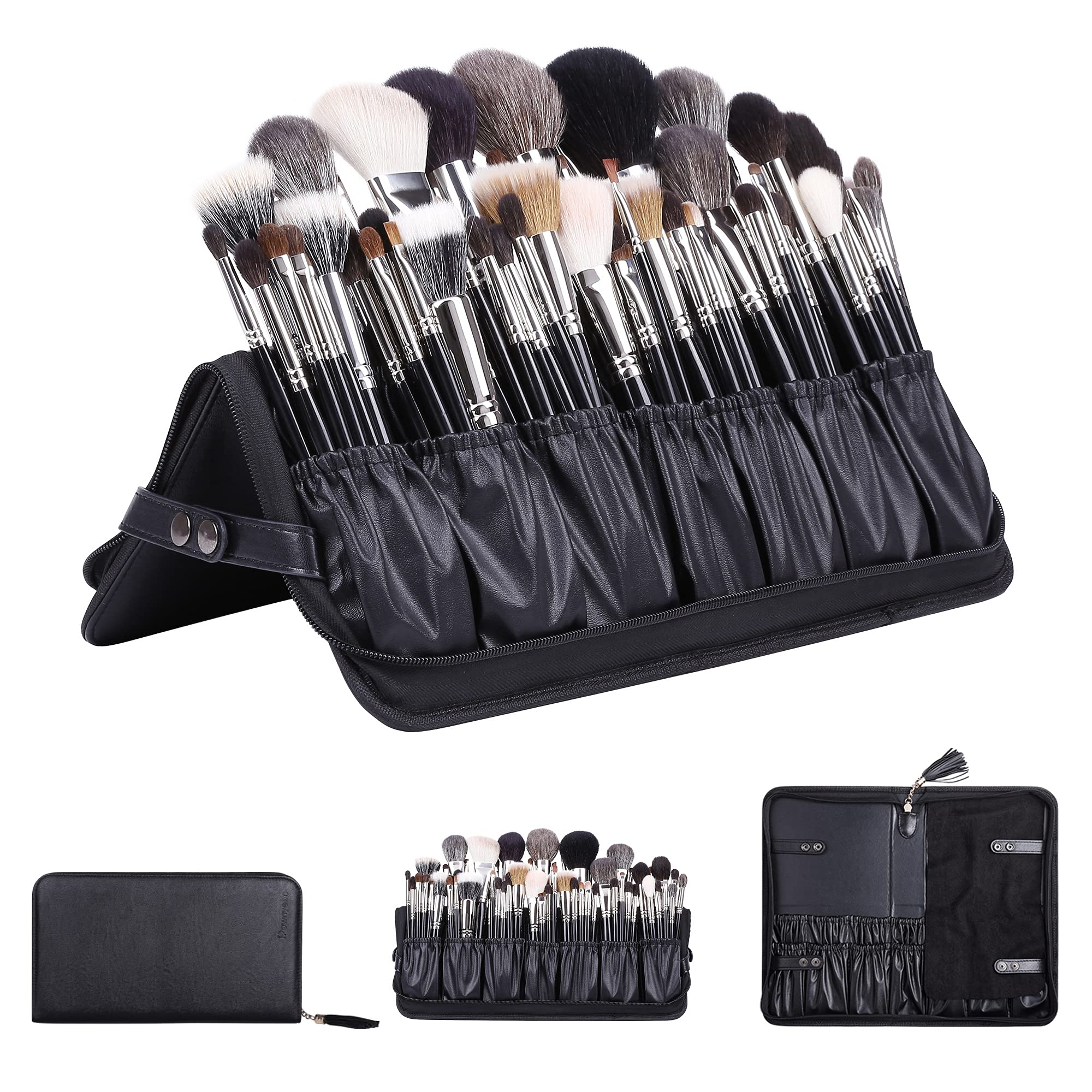 Camdeez Rownyeon Professional Makeup Brushes Organizer Bag – Leather Travel Case, Black