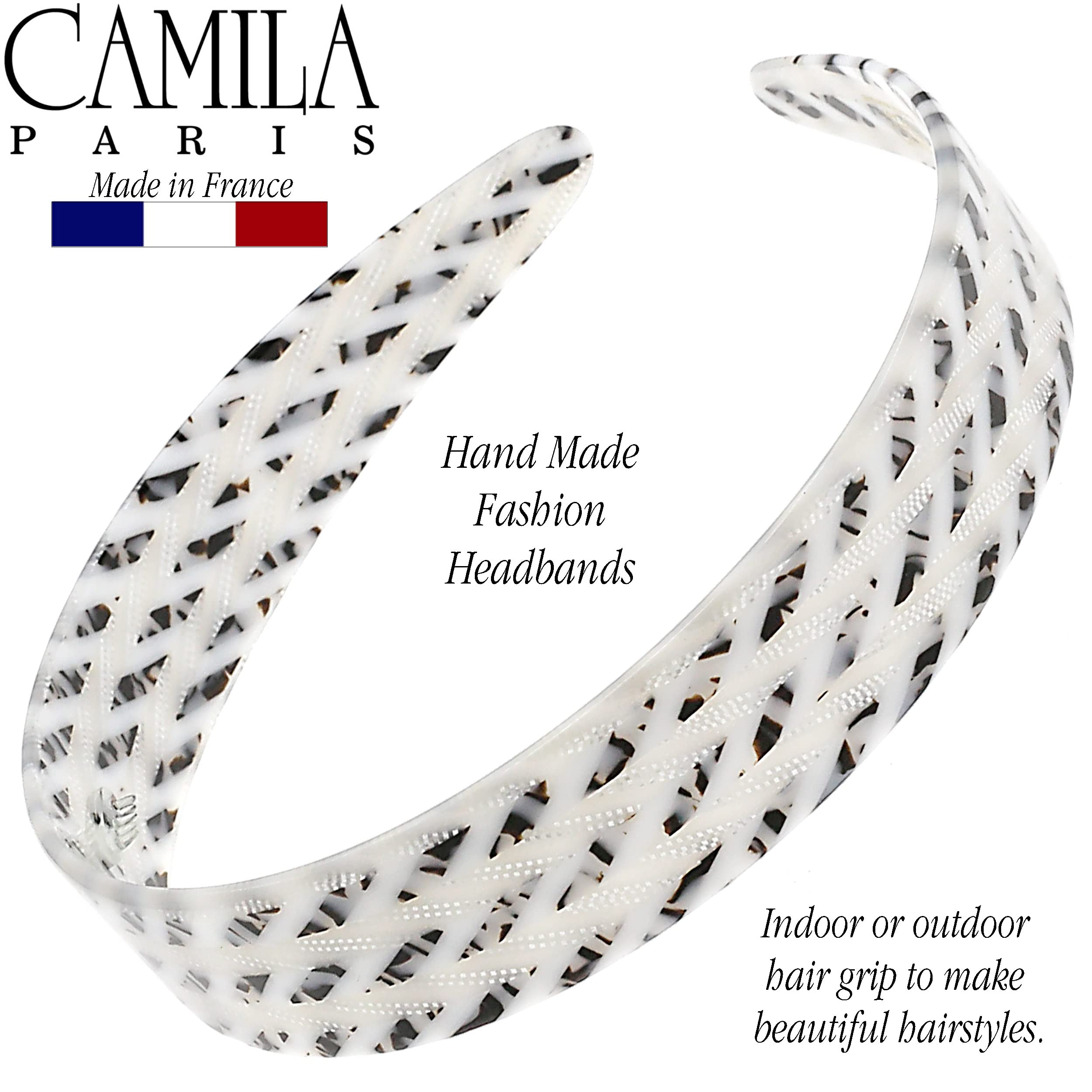 Camila Paris CP3465 French Headband – Handmade White & Gray, No-Slip Grip, Flexible & Durable
