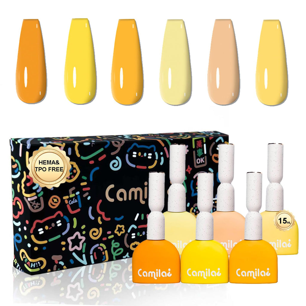 CAMILA 6-Piece Yellow Gel Nail Polish Set – HEMA-Free, UV/LED Soak-Off, High Pigment & Long-Lasting Shine