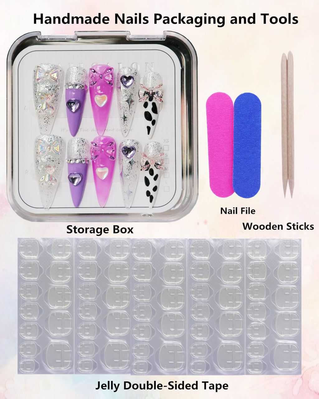CAMILCY Press On Nails – Handmade Luxury Reusable Nails (Long Almond, Armor Tip, Silver Pink Diamonds)