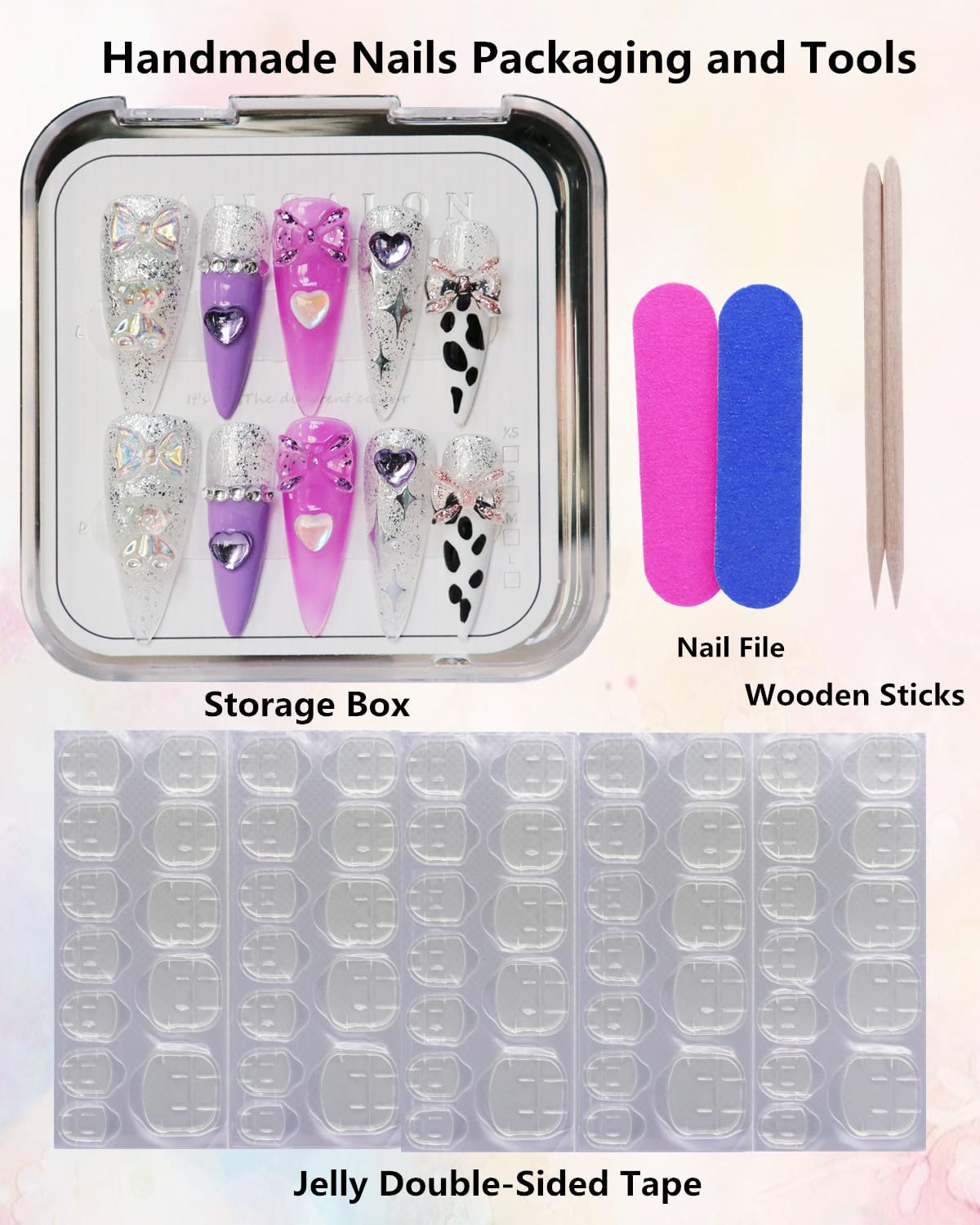 CAMILCY Press On Nails – Handmade Luxury Reusable Nails (Long Almond, Armor Tip, Silver Pink Diamonds)