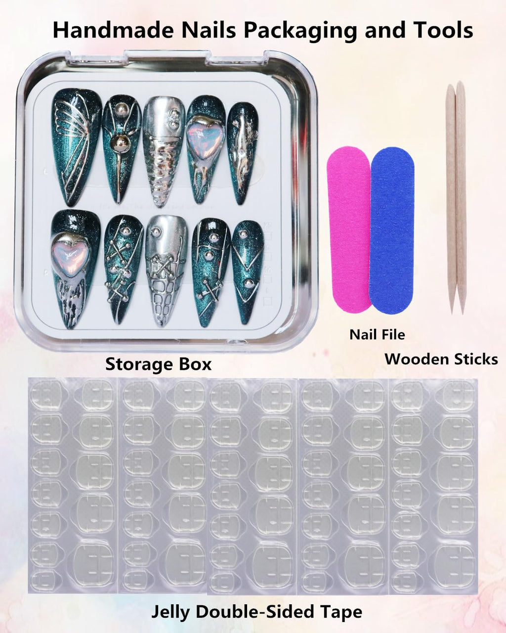 CAMILCY Press On Nails – Handmade Luxury Reusable Nails, Long Almond Shape, Blue Silver Diamond Hand-Painted Design, 10Pcs