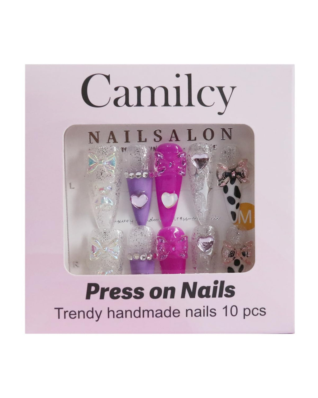 CAMILCY Press On Nails – Handmade Luxury Reusable Nails (Long Almond, Armor Tip, Silver Pink Diamonds)