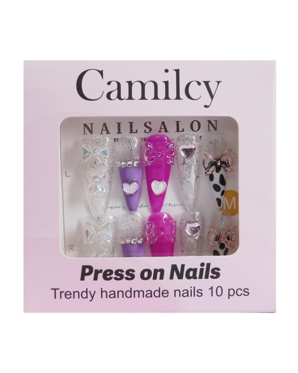 CAMILCY Press On Nails – Handmade Luxury Reusable Nails (Long Almond, Armor Tip, Silver Pink Diamonds)