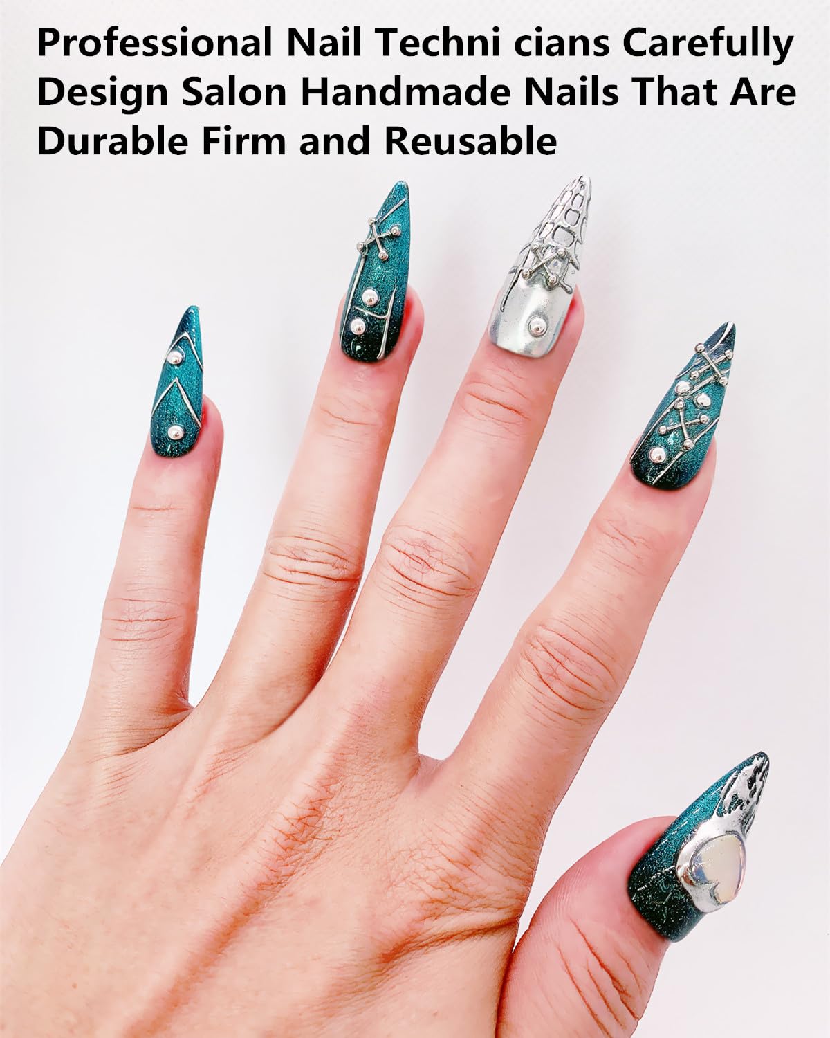 CAMILCY Press On Nails – Handmade Luxury Reusable Nails, Long Almond Shape, Blue Silver Diamond Hand-Painted Design, 10Pcs