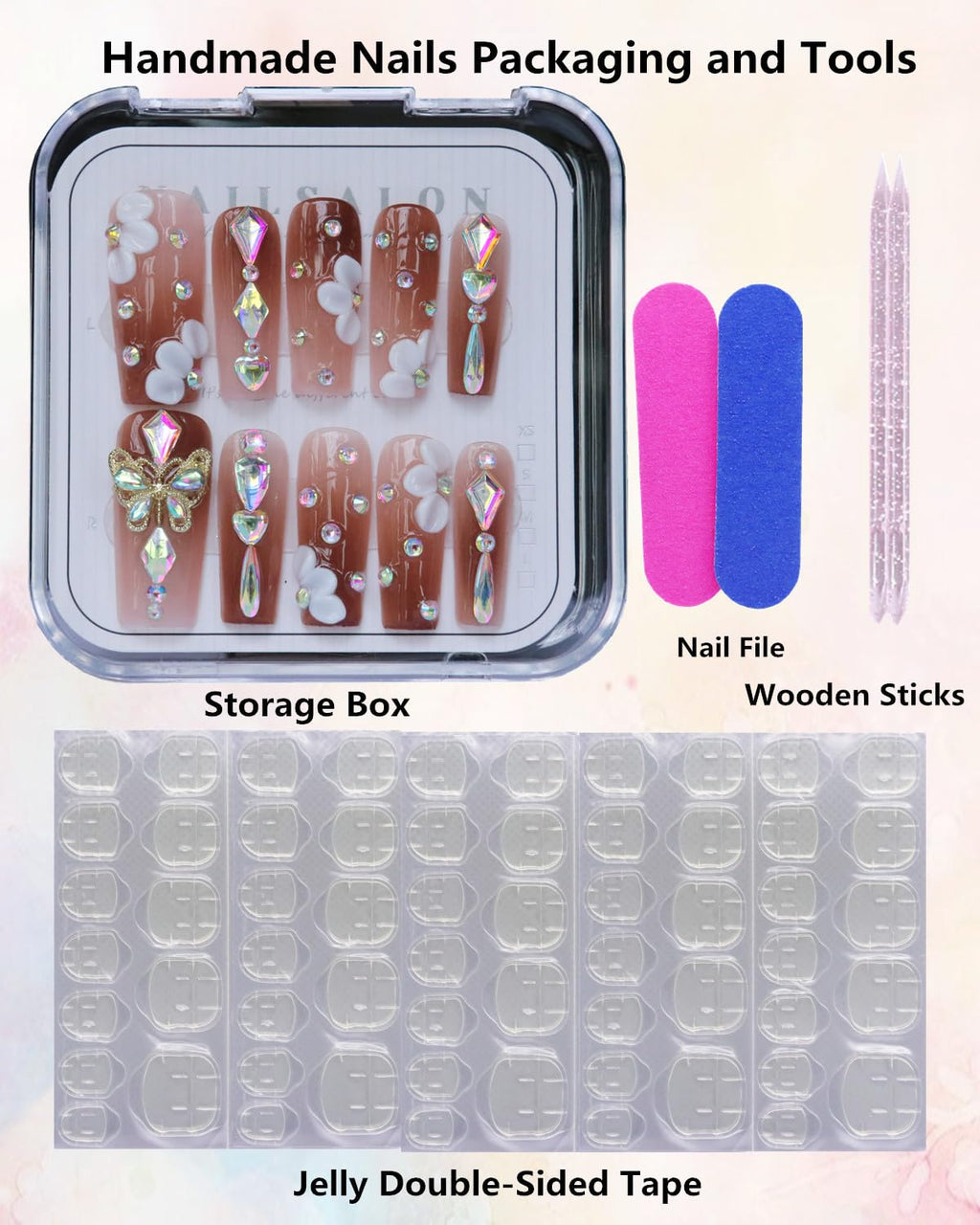 CAMILCY Press on Nails – Handmade Reusable Long Coffin Nails with Brown Gradient and Diamonds (10pcs, B20, L)