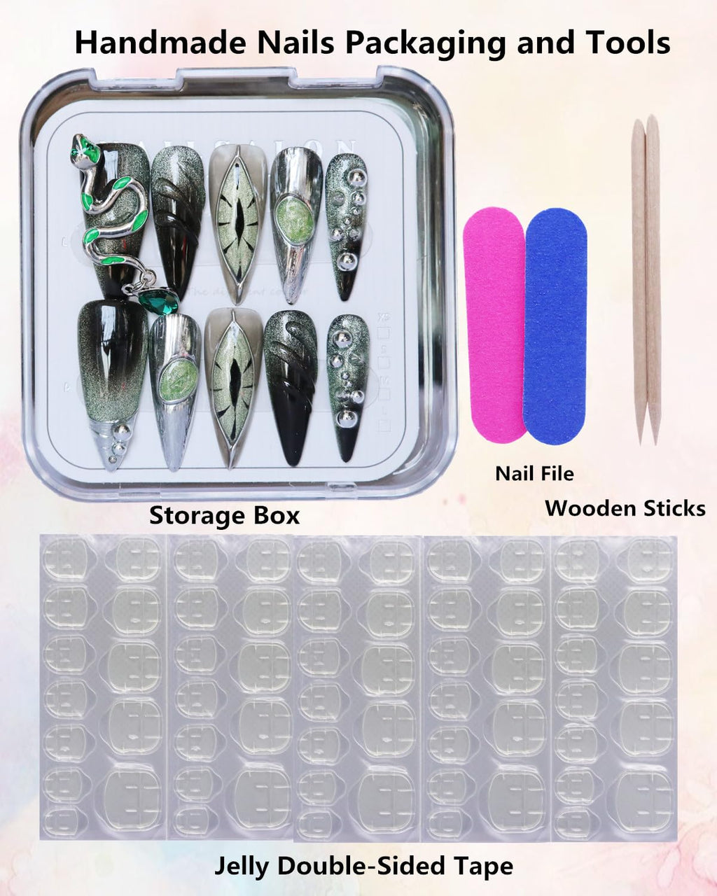CAMILCY Press On Nails | Handmade Luxury Reusable Nails – Long Almond, Black Diamonds, Hand Painted, GelUV Finish (A038, S)