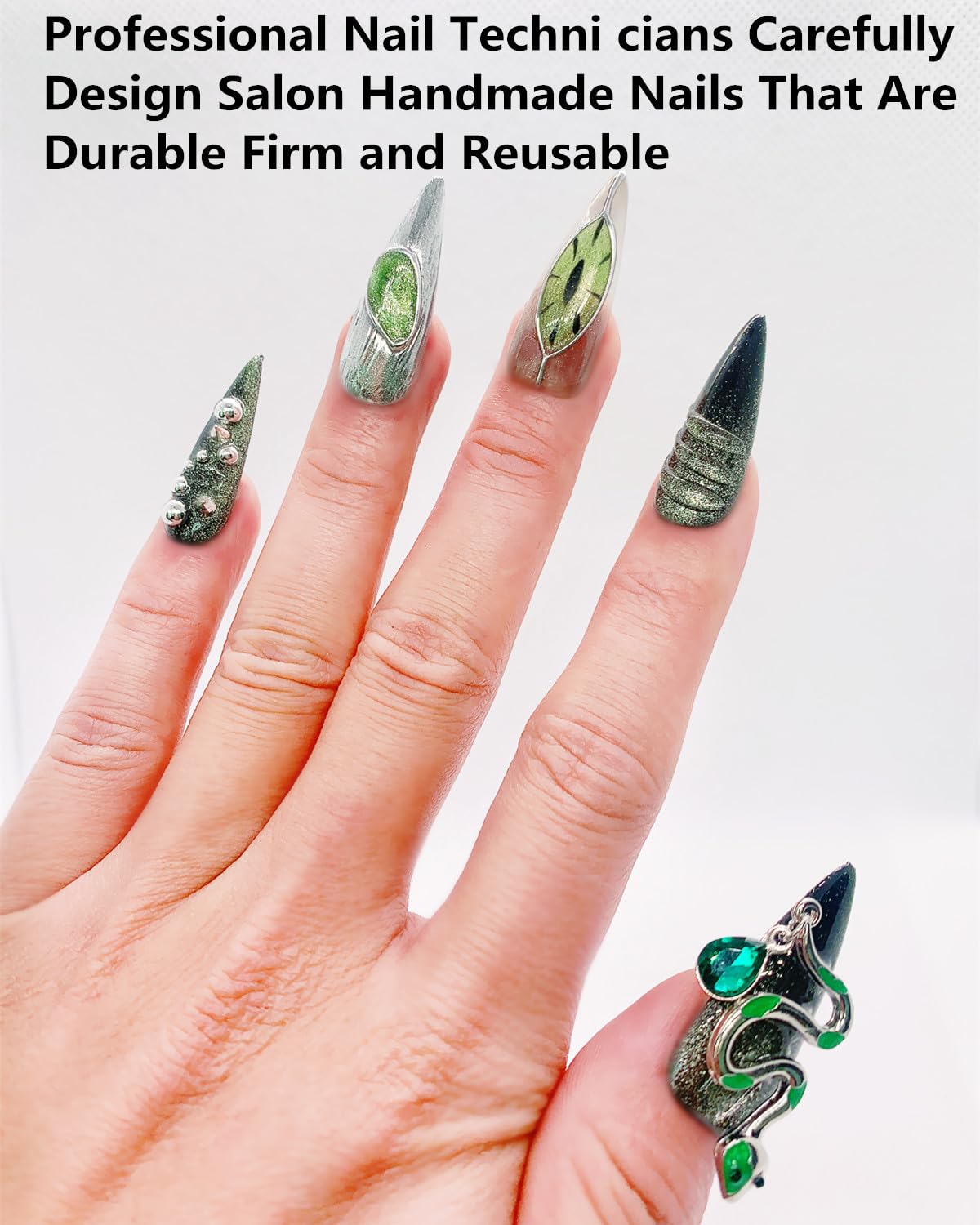 CAMILCY Press On Nails | Handmade Luxury Reusable Nails – Long Almond, Black Diamonds, Hand Painted, GelUV Finish (A038, S)