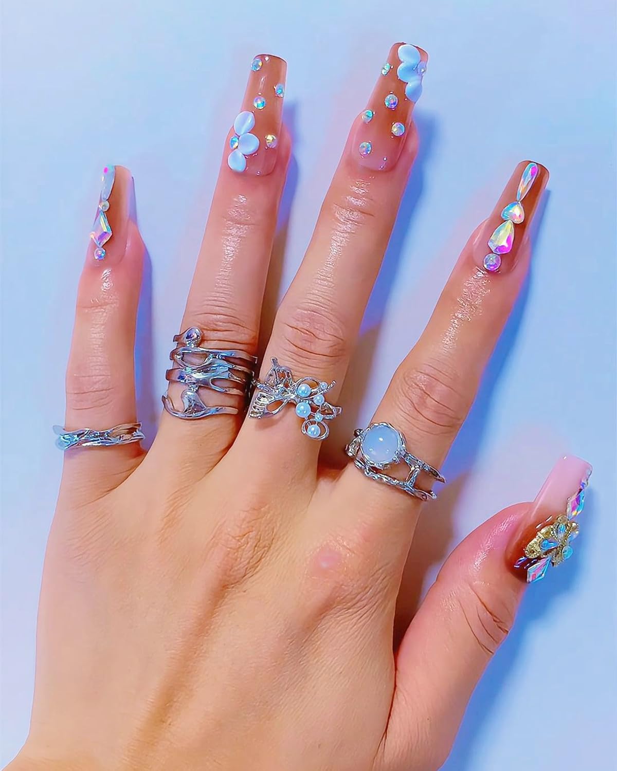 CAMILCY Press on Nails – Handmade Reusable Long Coffin Nails with Brown Gradient and Diamonds (10pcs, B20, L)