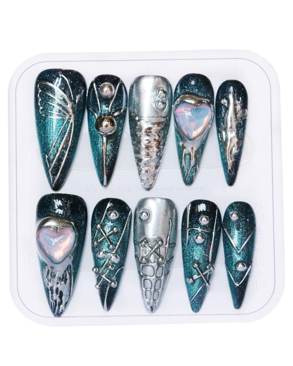 CAMILCY Press On Nails – Handmade Luxury Reusable Nails, Long Almond Shape, Blue Silver Diamond Hand-Painted Design, 10Pcs