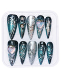 CAMILCY Press On Nails – Handmade Luxury Reusable Nails, Long Almond Shape, Blue Silver Diamond Hand-Painted Design, 10Pcs