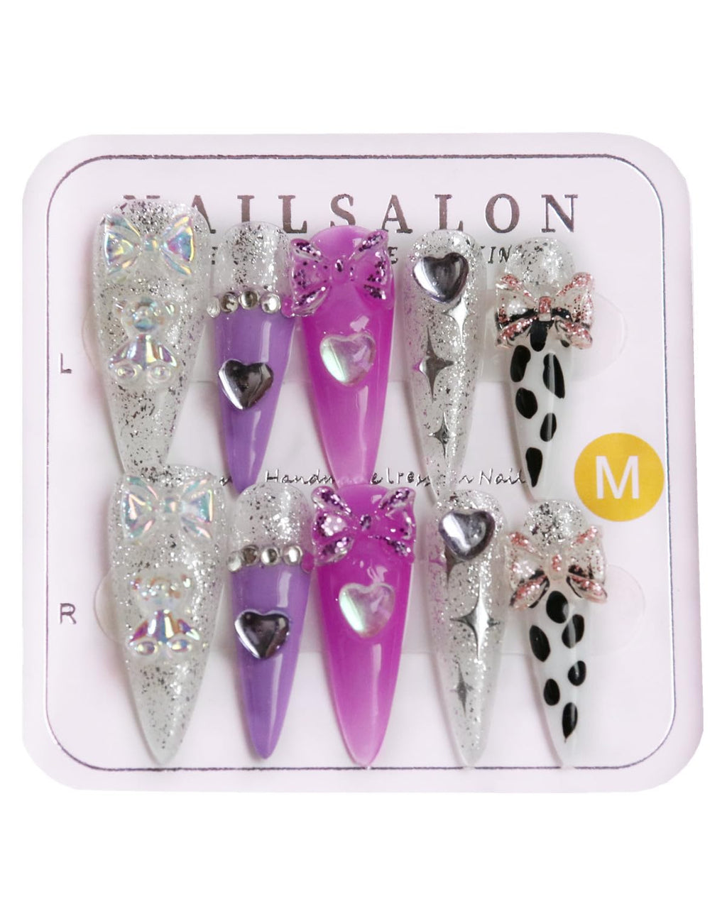CAMILCY Press On Nails – Handmade Luxury Reusable Nails (Long Almond, Armor Tip, Silver Pink Diamonds)