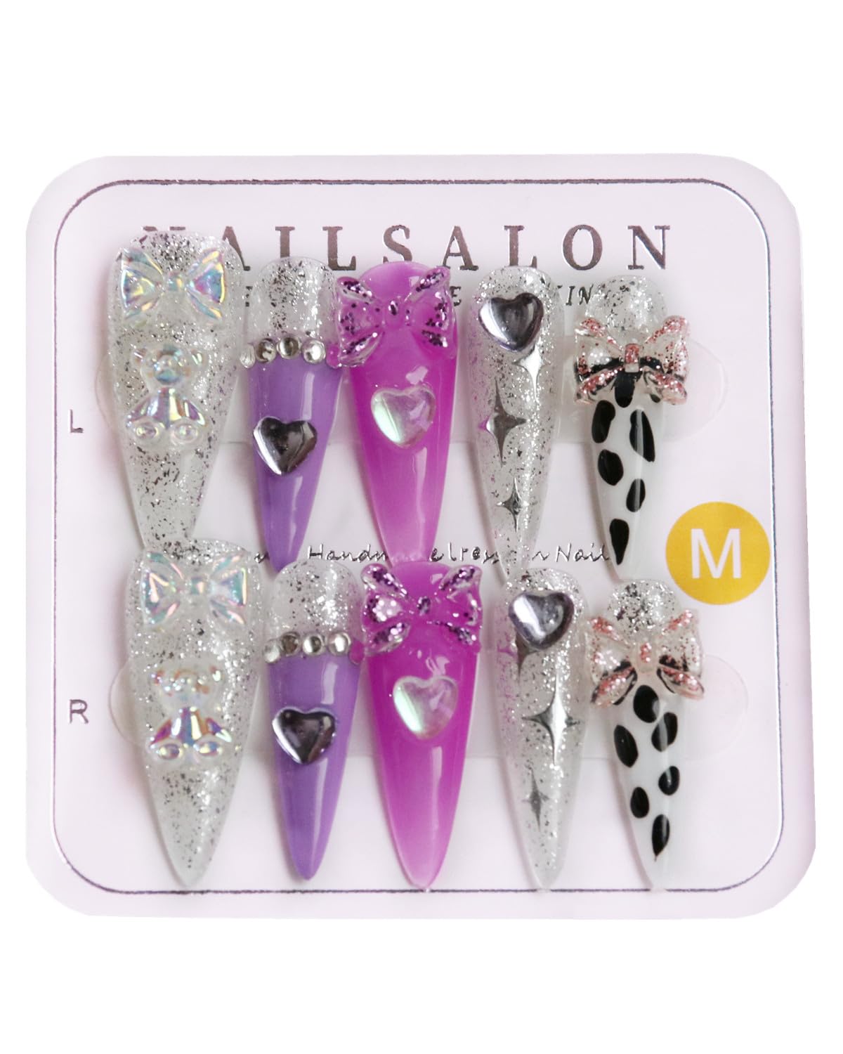 CAMILCY Press On Nails – Handmade Luxury Reusable Nails (Long Almond, Armor Tip, Silver Pink Diamonds)