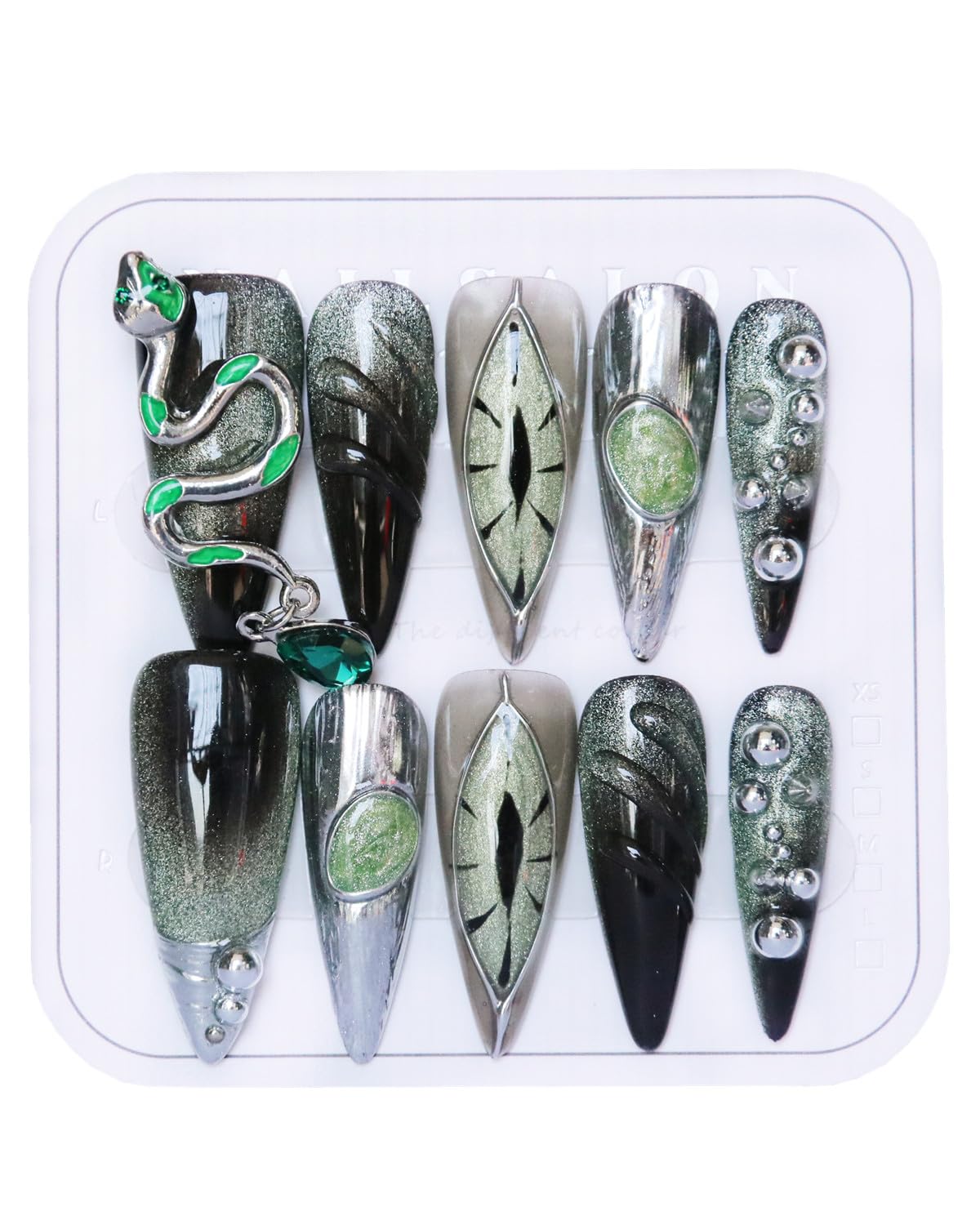 CAMILCY Press On Nails | Handmade Luxury Reusable Nails – Long Almond, Black Diamonds, Hand Painted, GelUV Finish (A038, S)