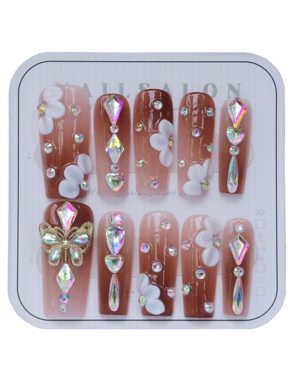 CAMILCY Press on Nails – Handmade Reusable Long Coffin Nails with Brown Gradient and Diamonds (10pcs, B20, L)