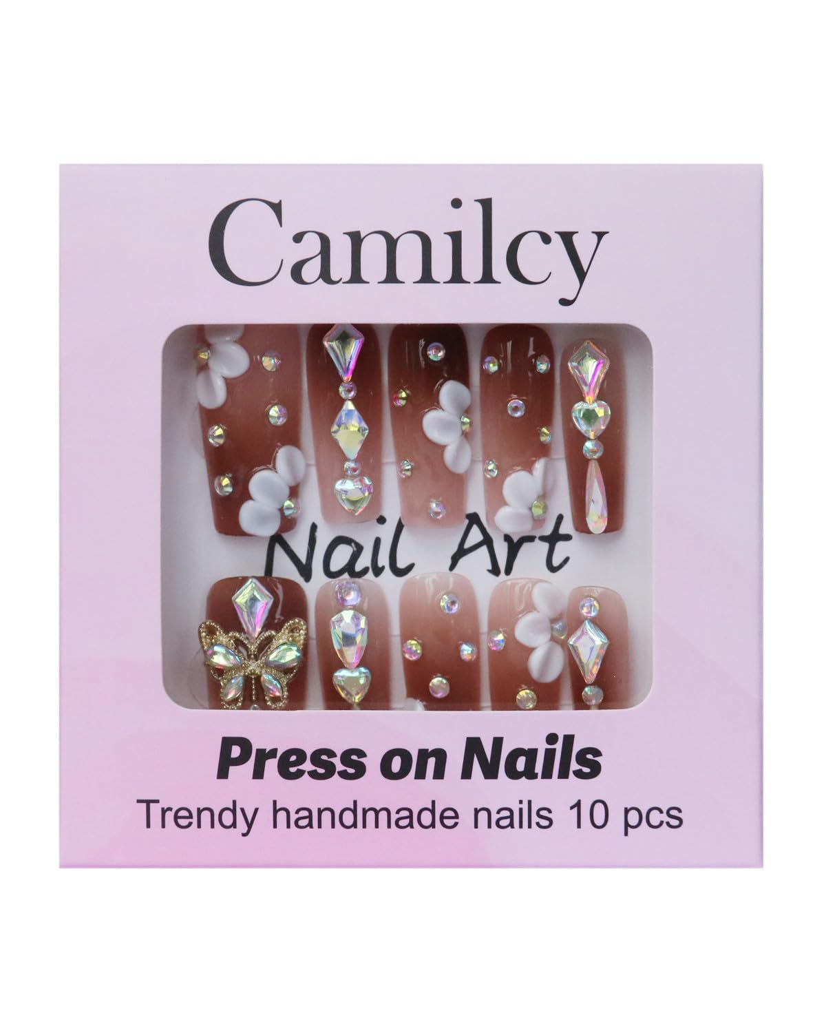 CAMILCY Press on Nails – Handmade Reusable Long Coffin Nails with Brown Gradient and Diamonds (10pcs, B20, L)