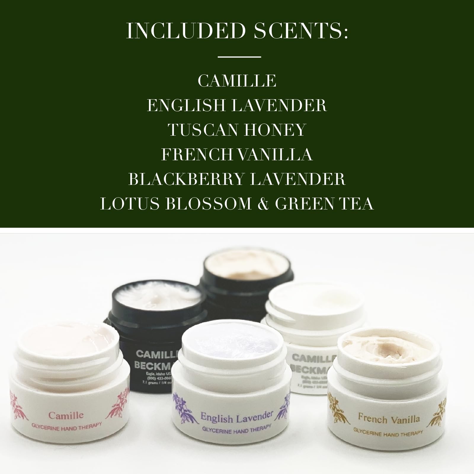 Camille Beckman Glycerine Hand Therapy Sampler — 6 Travel Pots, 0.25 oz Each
