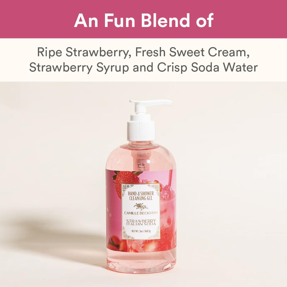 Camille Beckman Strawberry Italian Soda Hand & Shower Cleansing Gel – Gentle Moisturizing Body Wash, 13 oz