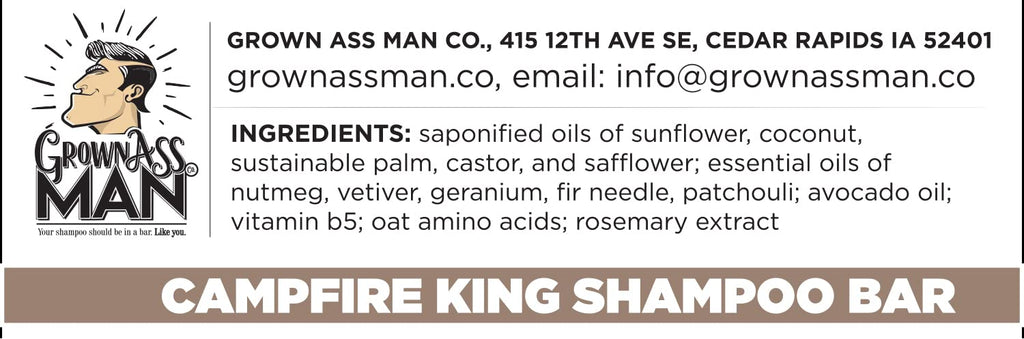Grown Ass Man Co. Campfire King Solid Shampoo Bar — 3-in-1 Hair, Beard & Body, Plastic Free