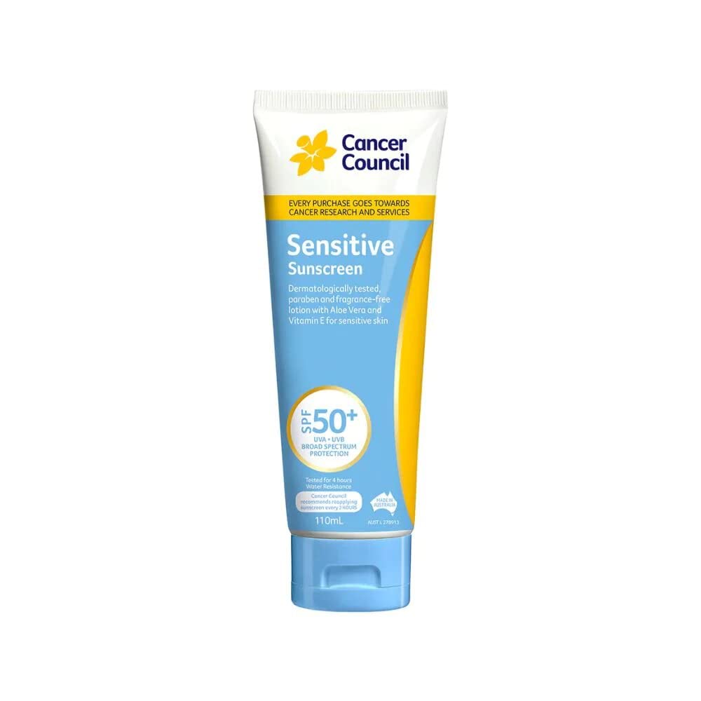 Cancer Council Australia Sensitive Sunscreen SPF50+ 110 ml – Fragrance-Free, Dermatologist Tested
