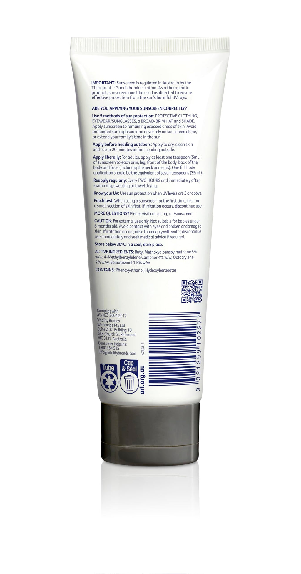 Cancer Council SPF 50+ Active Sunscreen 110ml Tube – Fast-Drying, Non-Greasy, Water-Resistant