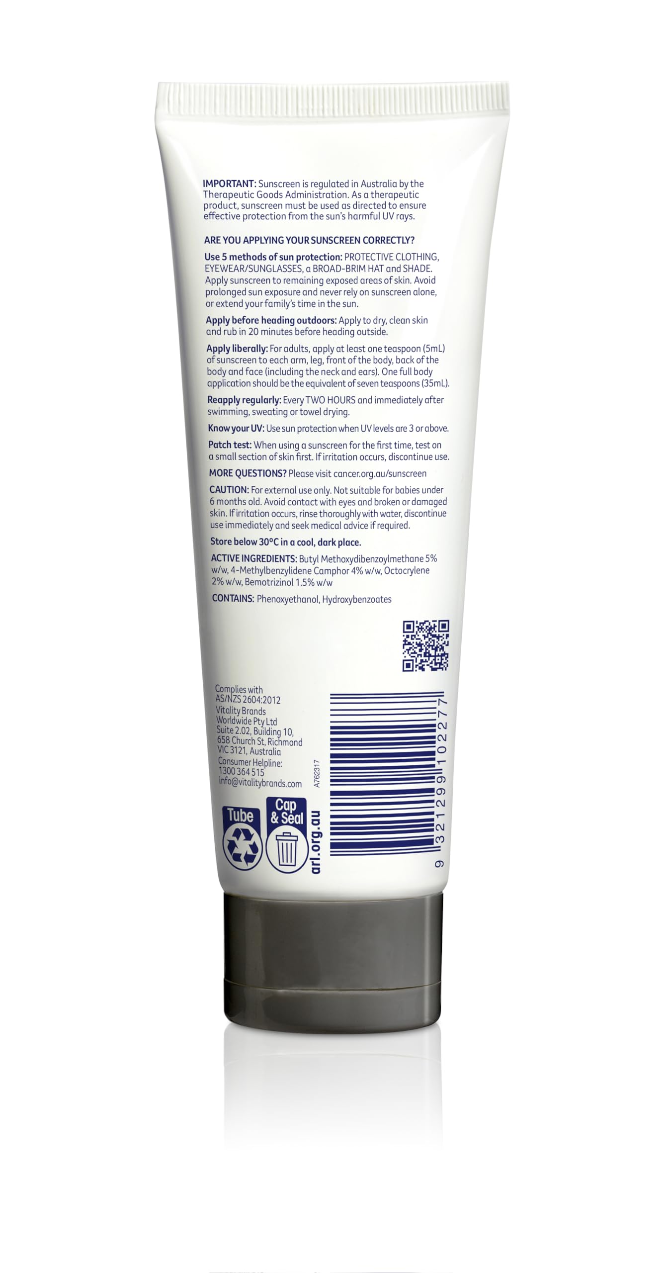 Cancer Council SPF 50+ Active Sunscreen 110ml Tube – Fast-Drying, Non-Greasy, Water-Resistant