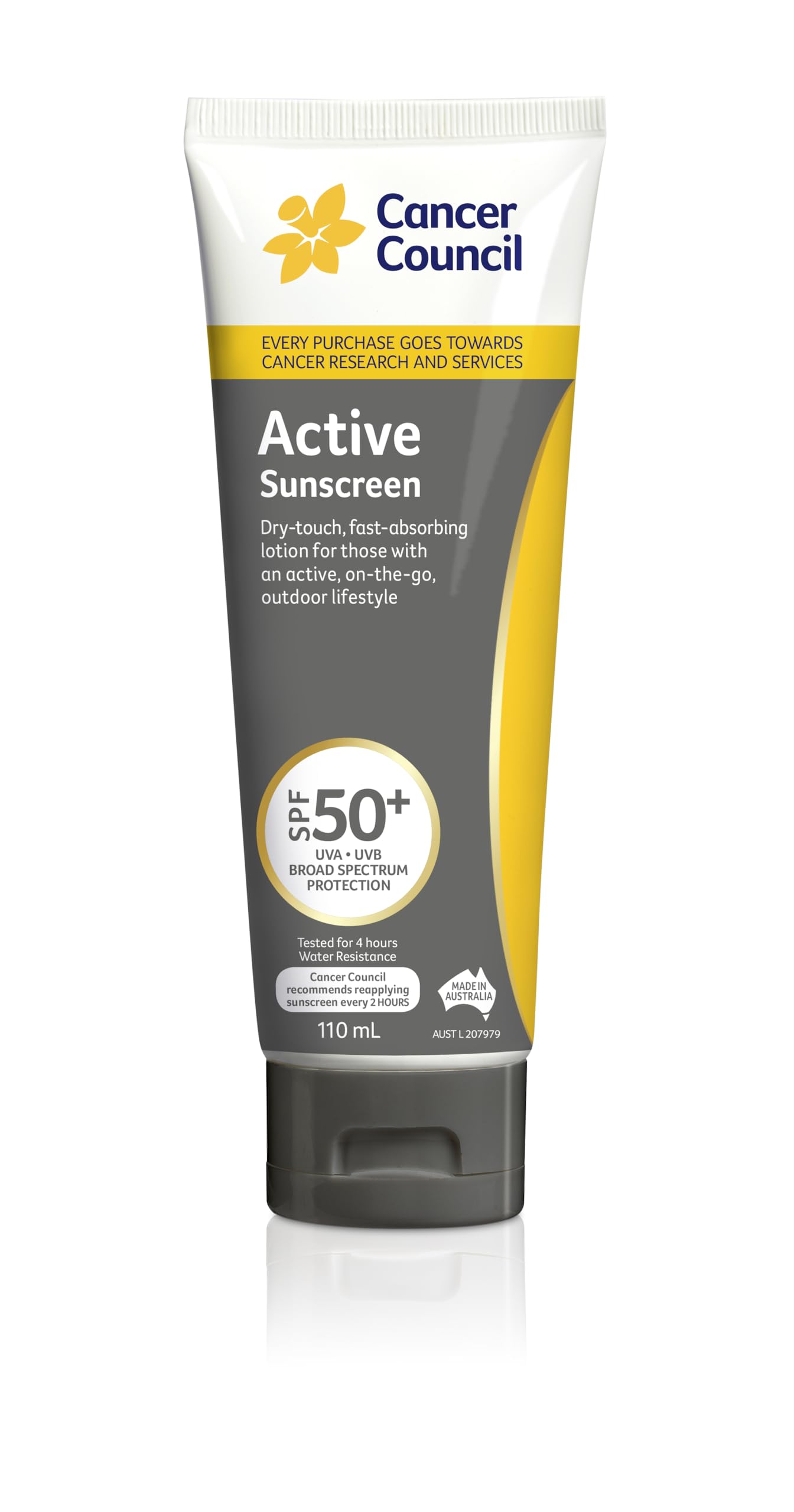 Cancer Council SPF 50+ Active Sunscreen 110ml Tube – Fast-Drying, Non-Greasy, Water-Resistant