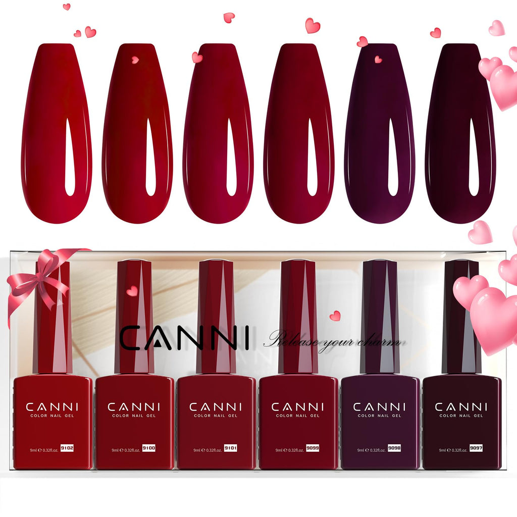 CANNI 6 Colors 9ml HEMA-FREE Dark Red Gel Polish Set – Deep Cherry Burgundy Kit