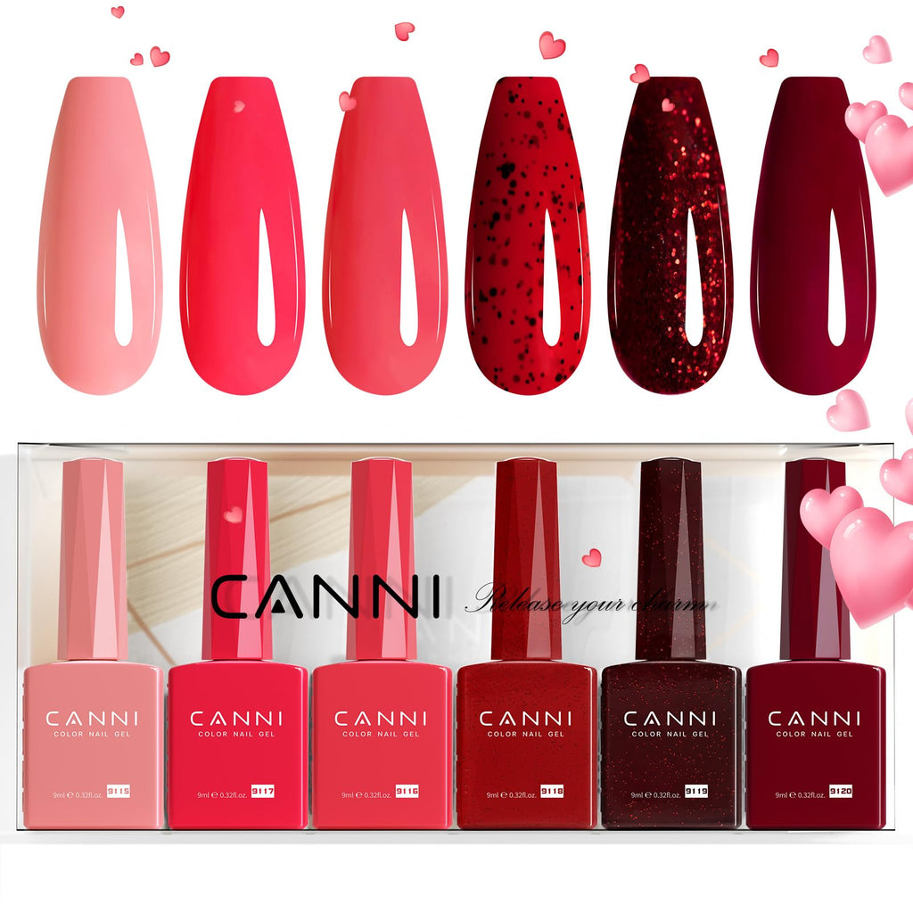 CANNI 6 Colors 9 ml Hema-Free Glitter Red Gel Nail Polish Set – Soak Off LED Gel Kit for Home Manicure