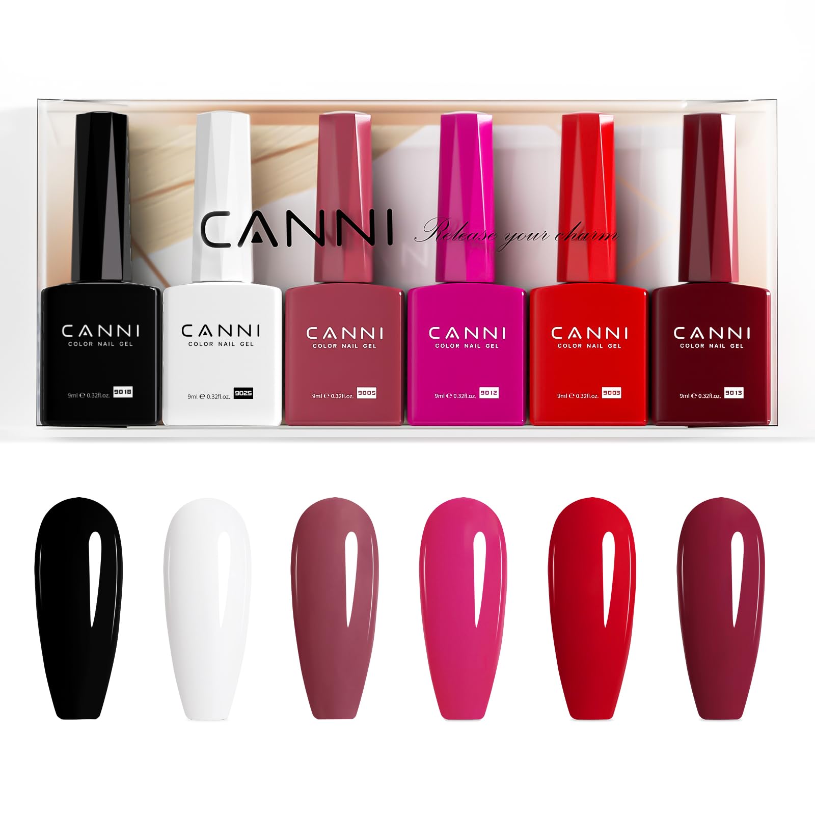 CANNI 9ml Hema-Free Gel Nail Polish Set (6-Pcs) White Black Burgundy Red Purple Nude | Soak-Off LED Gel Manicure Kit for Home