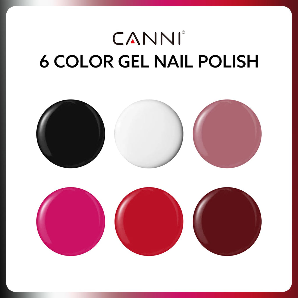 CANNI 9ml Hema-Free Gel Nail Polish Set (6-Pcs) White Black Burgundy Red Purple Nude | Soak-Off LED Gel Manicure Kit for Home