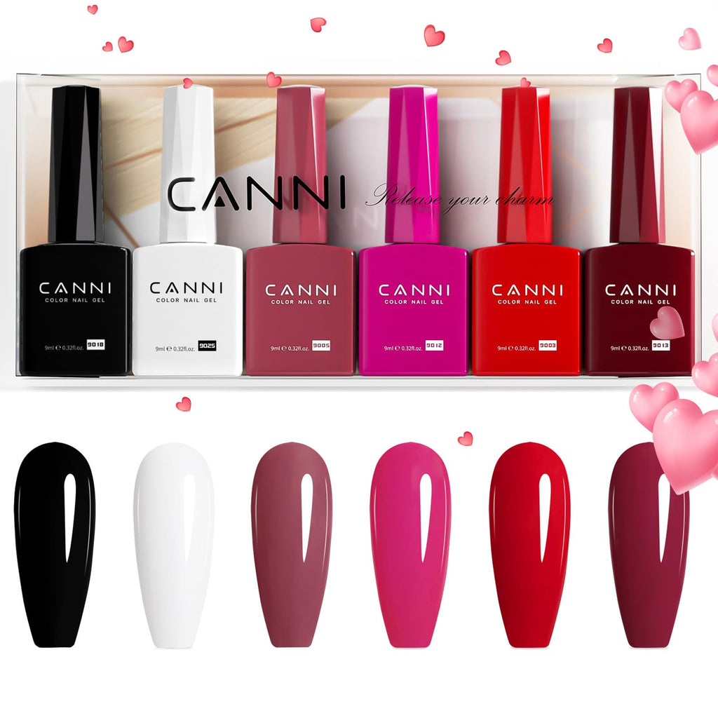 CANNI 9ml Hema-Free Gel Nail Polish Set (6-Pcs) White Black Burgundy Red Purple Nude | Soak-Off LED Gel Manicure Kit for Home