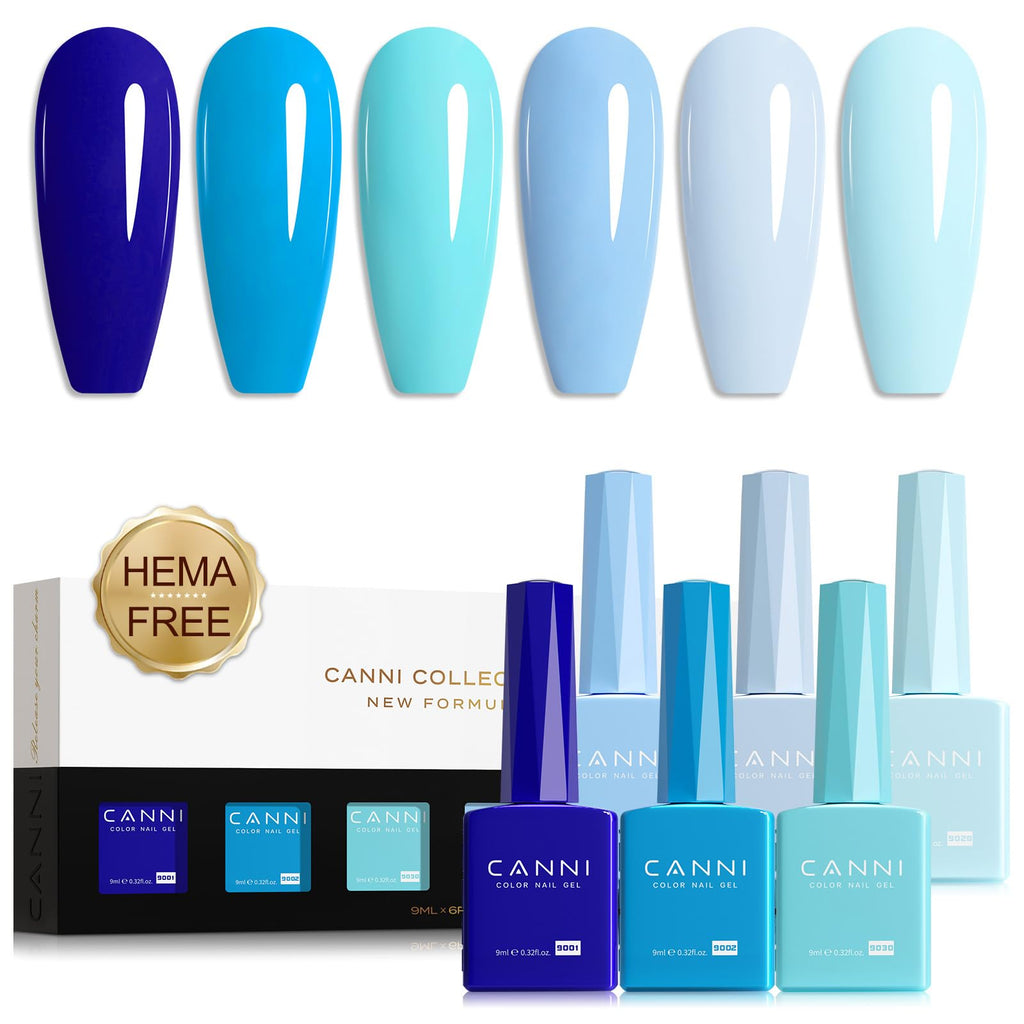 CANNI Blue Gel Nail Polish Set – 6 Colors (9ml Each) Baby Royal Light Blue & Aquarius Ocean-Inspired Shades