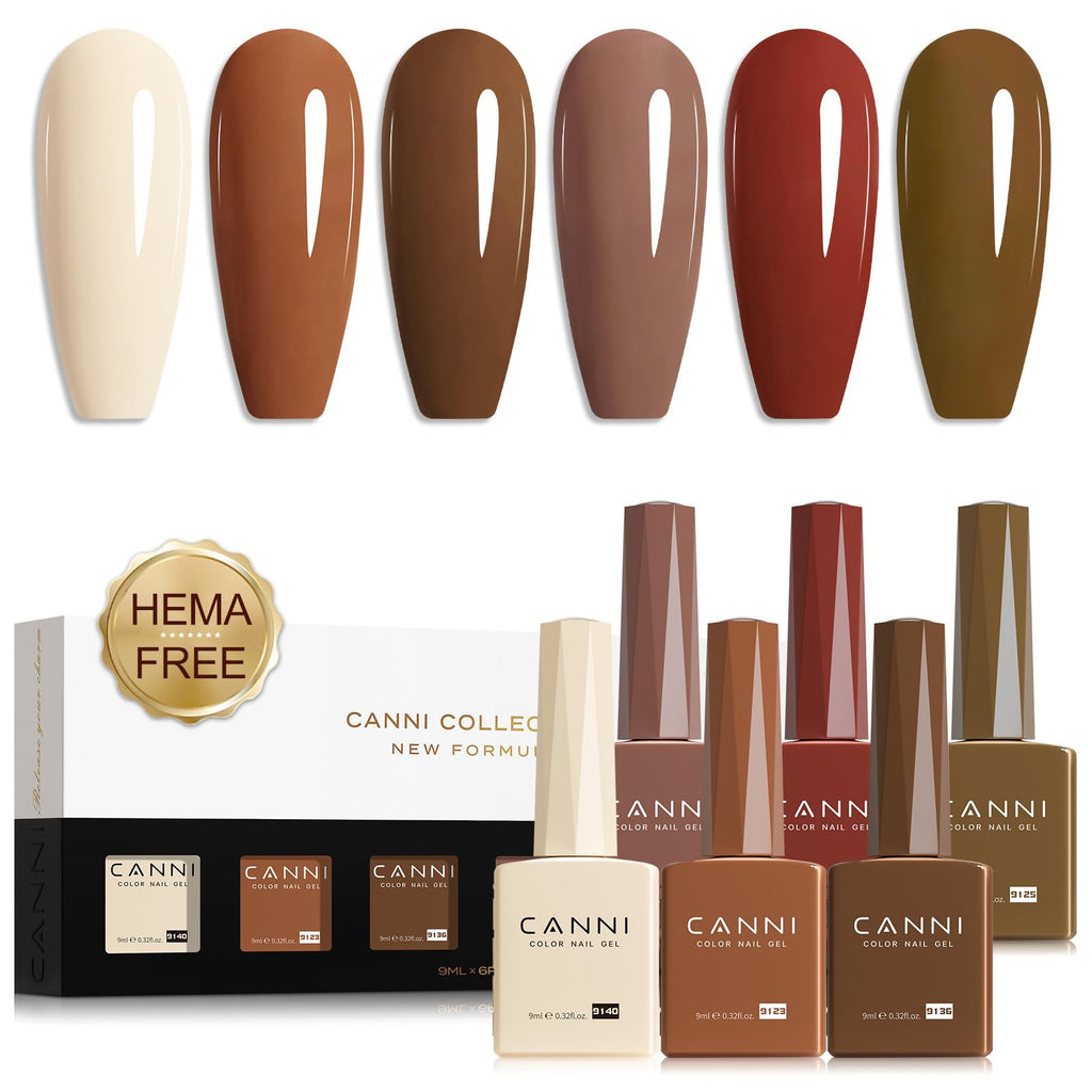 CANNI Brown Nude Gel Nail Polish Set – 6 Colors 9ml, Soak Off UV LED Kit for Winter Nude DIY Manicure