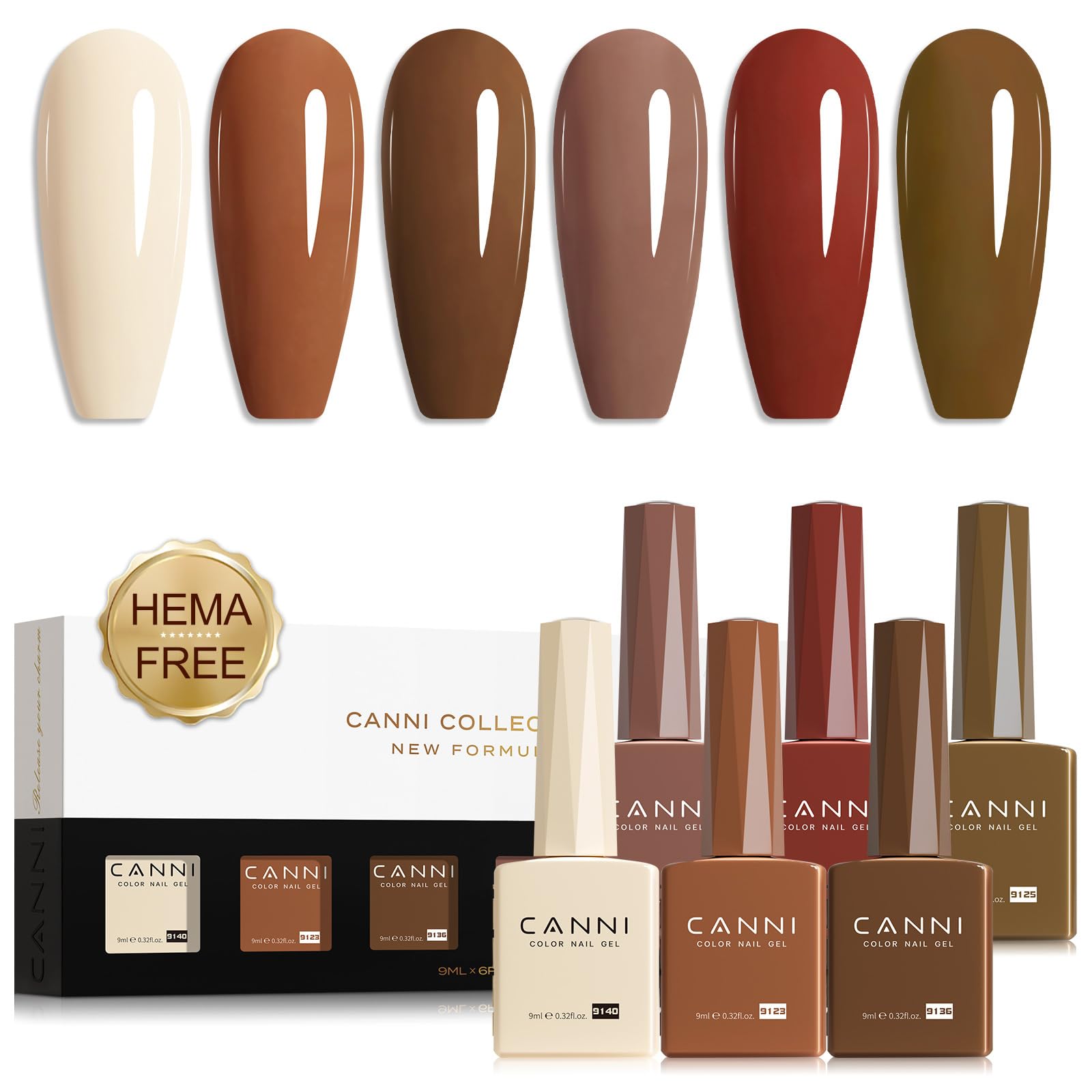 CANNI Brown Nude Gel Nail Polish Set – 6 Colors 9ml, Soak Off UV LED Kit for Winter Nude DIY Manicure