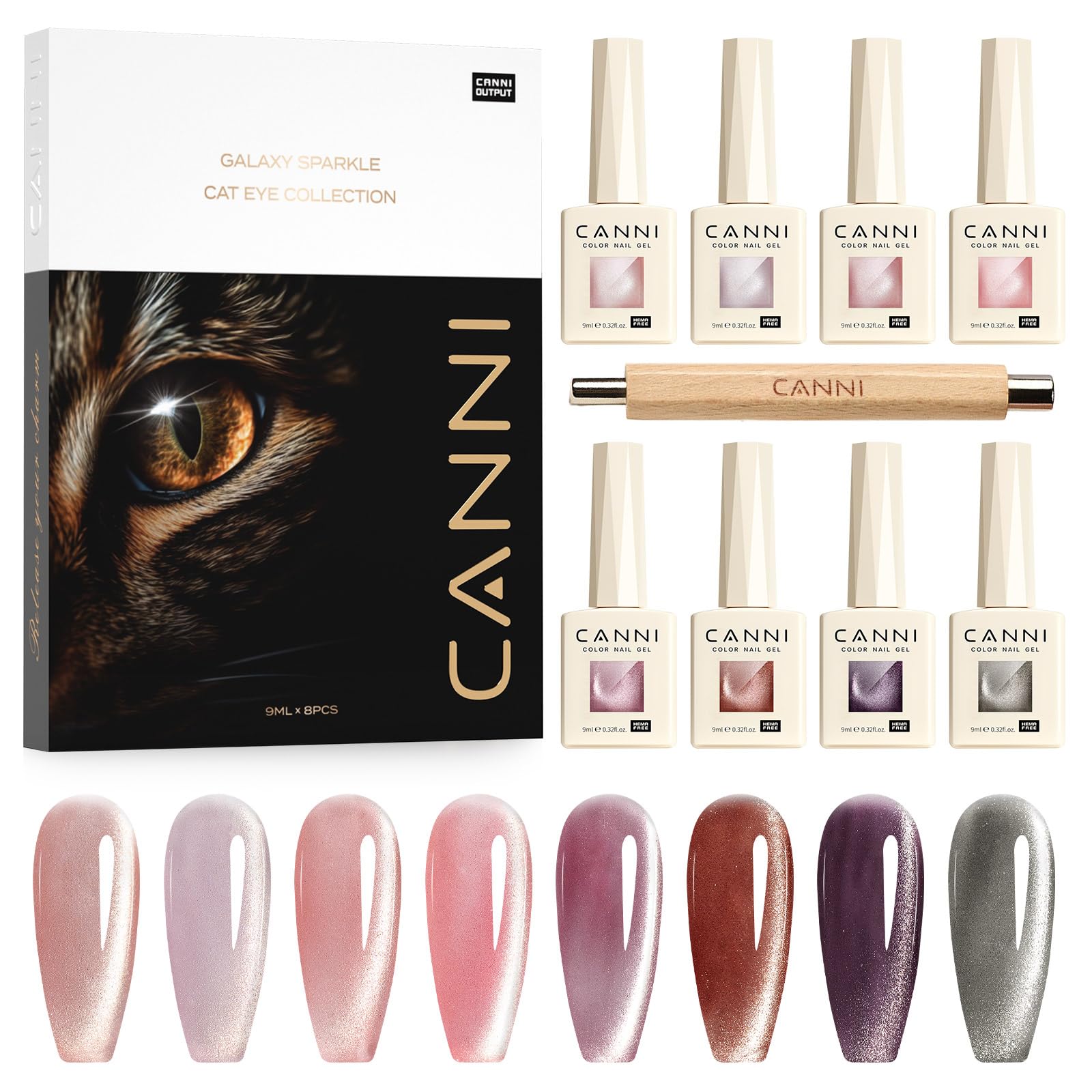 CANNI 8 Pcs Cat Eye Gel Nail Polish Set – 9 ml Magnetic Shimmer Colors