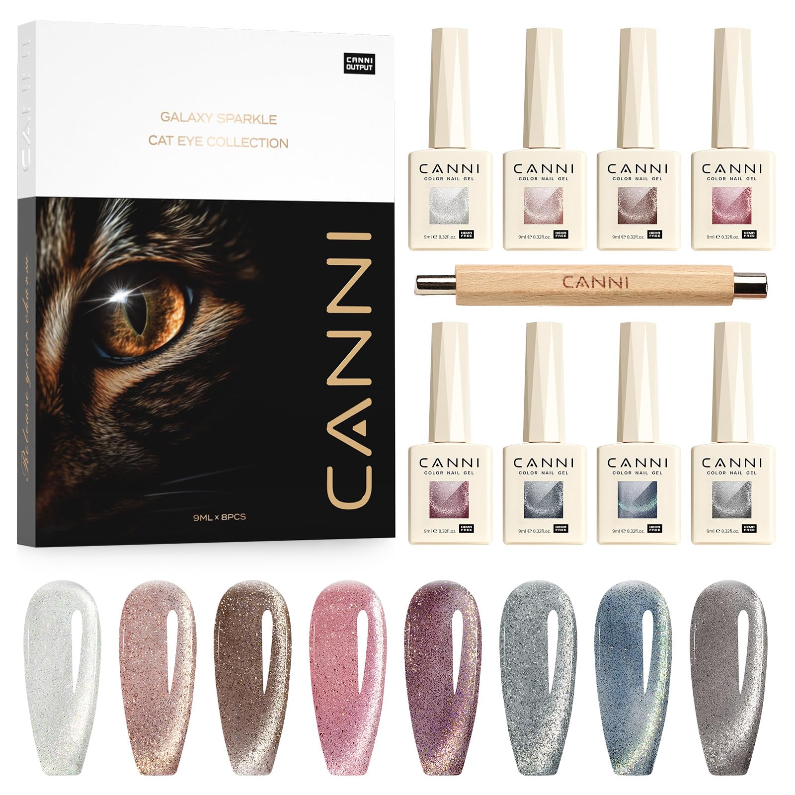 CANNI 8-Piece Cat Eye Gel Nail Polish Set – 9ml Magnetic Shimmer Colors