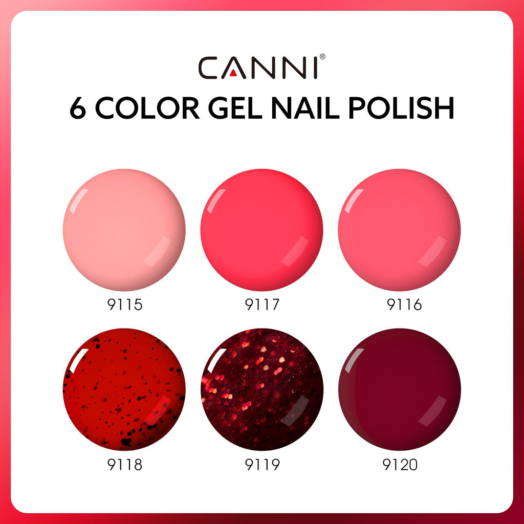 CANNI 6 Colors 9 ml Hema-Free Glitter Red Gel Nail Polish Set – Soak Off LED Gel Kit for Home Manicure