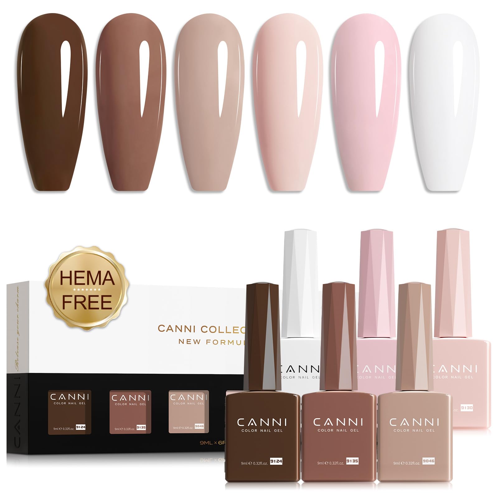 CANNI Gel Nail Polish Kit – 6 Nude Pink Colors (9ml) | Soak-Off Gel Polish Set for DIY Manicure