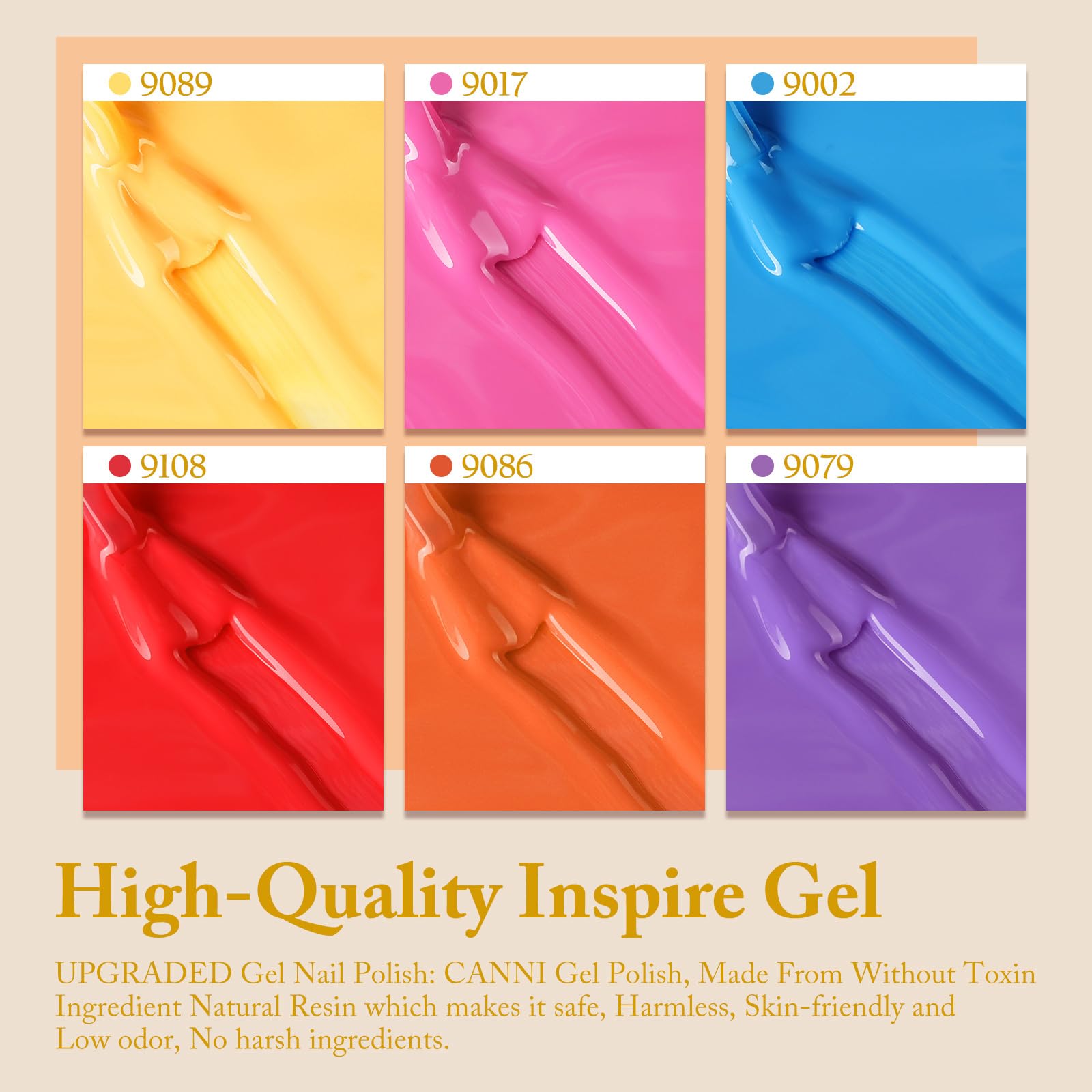 CANNI Gel Nail Polish Set – Bright Rainbow 6 Colors, 9ml | High Gloss UV/LED