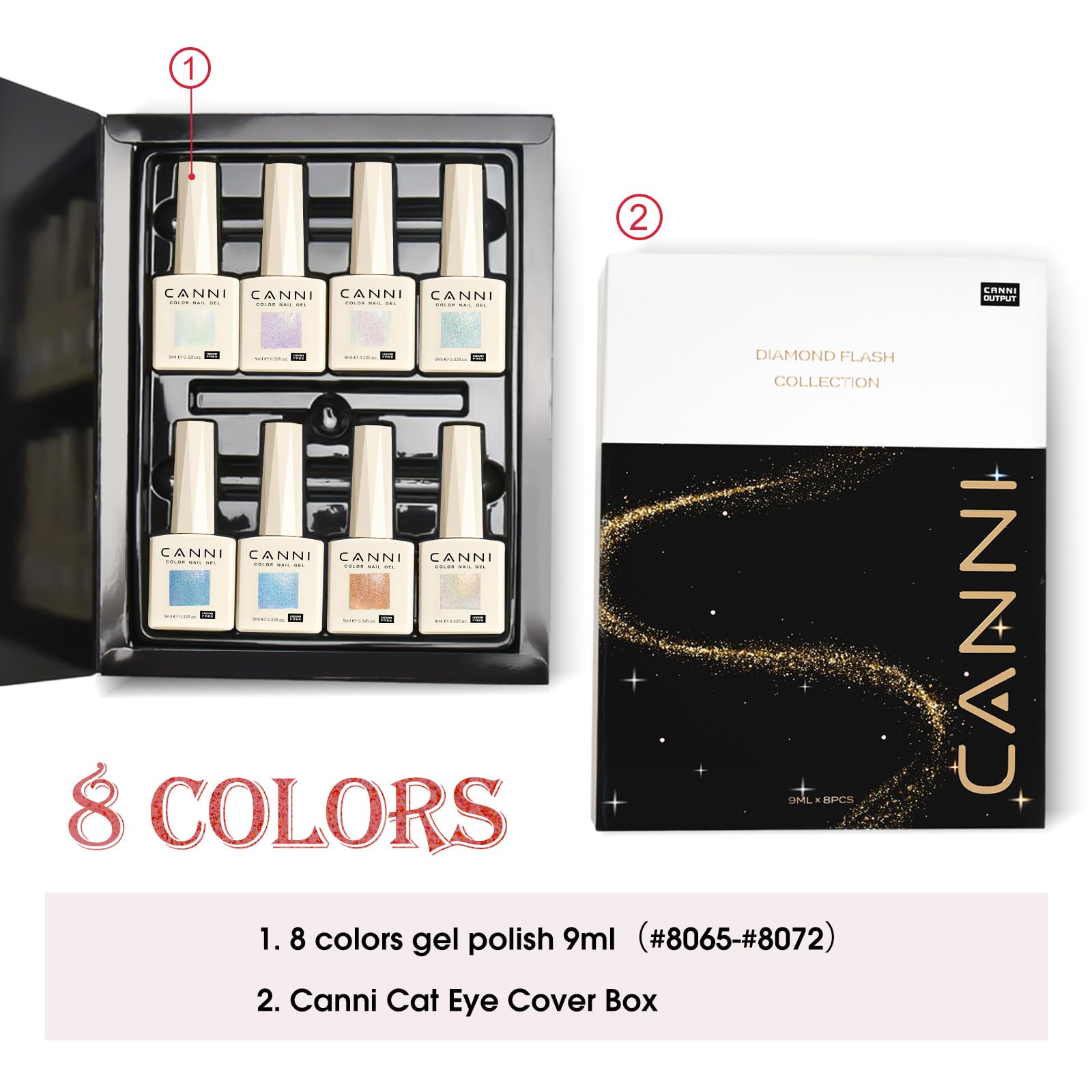 CANNI Glitter Gel Nail Polish Set – 8 Pcs, 9 ml Each, Soak Off, UV/LED Ready