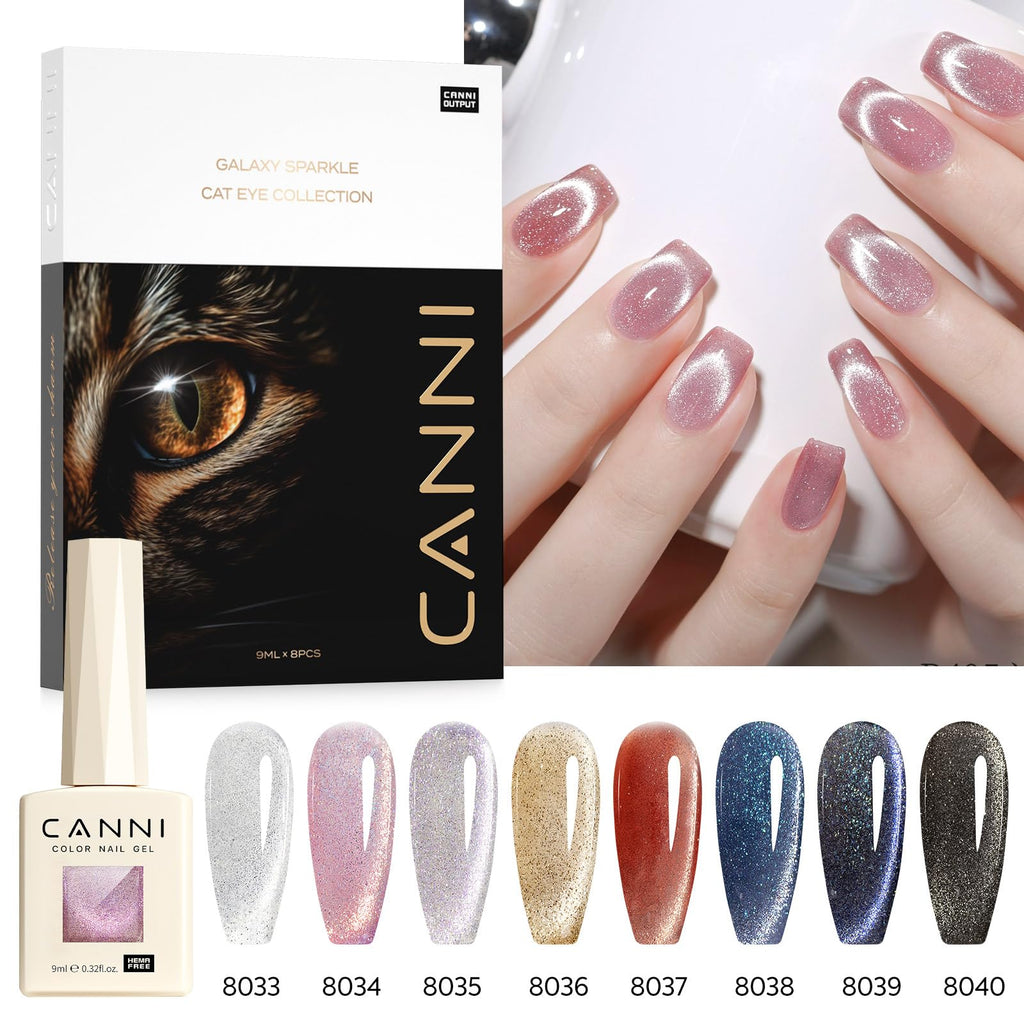 CANNI 8 Pcs 9ml Cat Eye Gel Nail Polish Set – Magnetic Shimmer Colors for DIY Salon Manicures