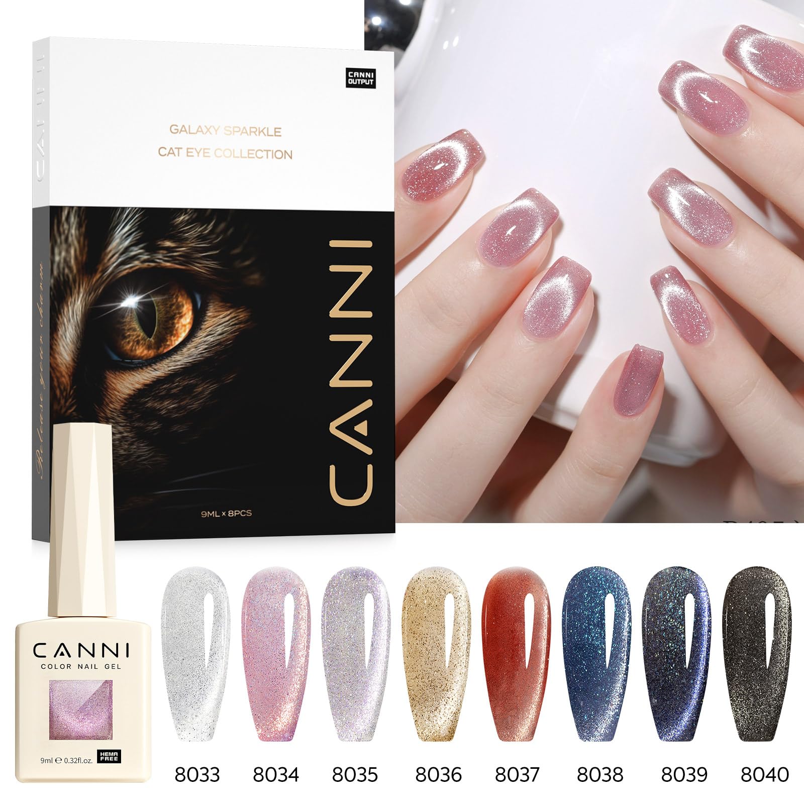 CANNI 8 Pcs 9ml Cat Eye Gel Nail Polish Set – Magnetic Shimmer Colors for DIY Salon Manicures