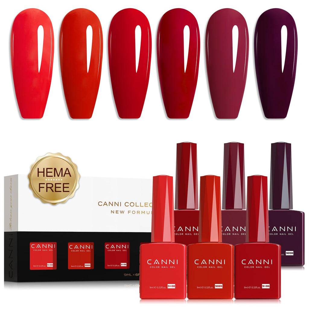 CANNI Red Gel Nail Polish Set – 6 Colors, 9ml | Soak-Off UV/LED Gel Kit